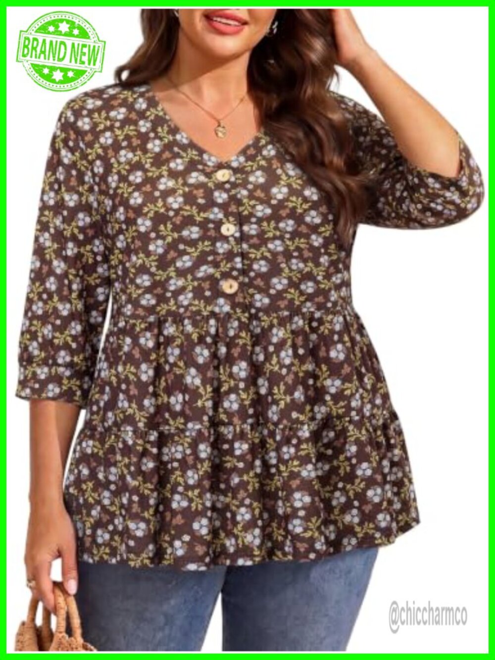 Plus Size Peplum Top 3/4 Sleeve V Neck Button Blouse Loose Fit Tunic